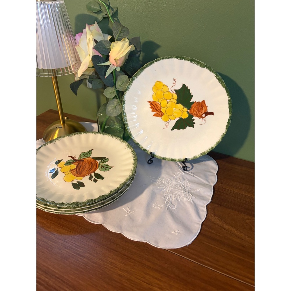 Blue Ridge Southern Potteries Fruit Plates Set of 5 Hand Painted Green Rims